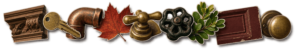 A line of small overlapping cut-out photographs: a carved brownstone cornice, a brass key, a copper pipe elbow, a red maple leaf, a brass faucet handle, a radiator valve wheel, a sprig of boxwood, an oxblood door panel and a brass door knob.