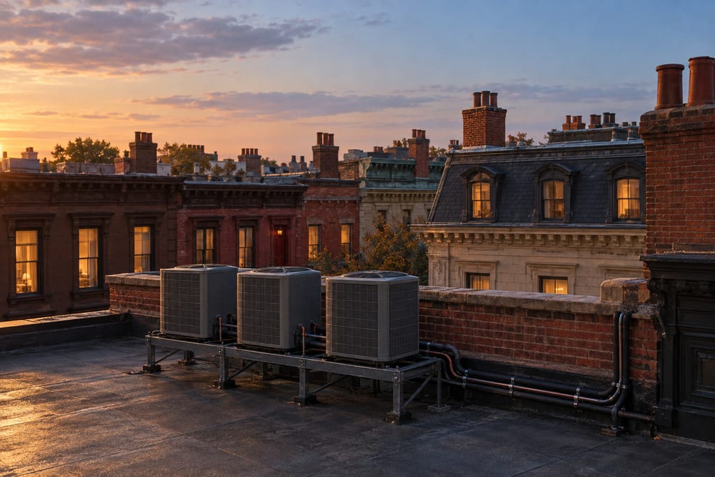 Air conditioning condensers on a townhouse roof at dusk, with neighboring rooftops beyond.